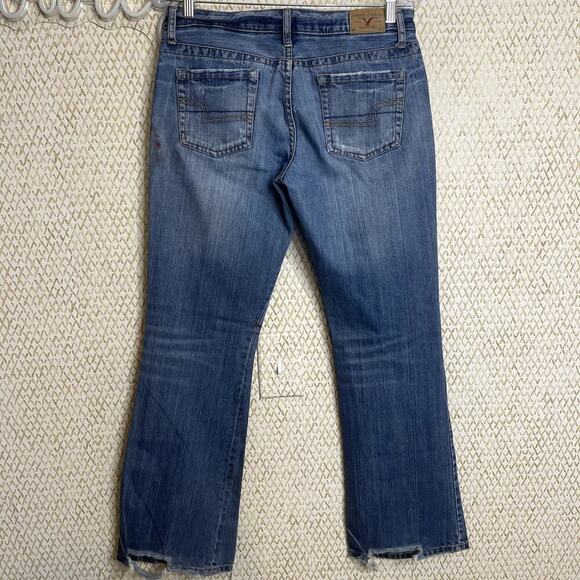 American Eagle Hipster Fit Skinny Flare Embroidered Ripped Blue Denim Size 8 - Picture 12 of 12